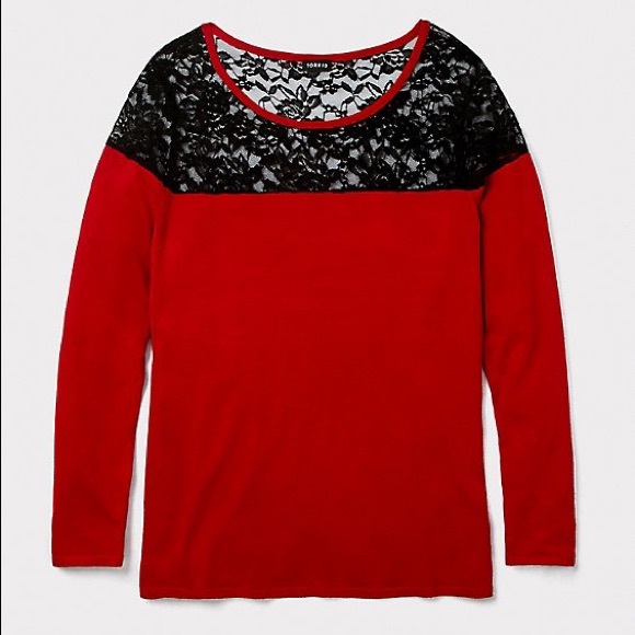 RED SWEATER-KNIT & LACE YOKE TOP - Picture 4 of 4